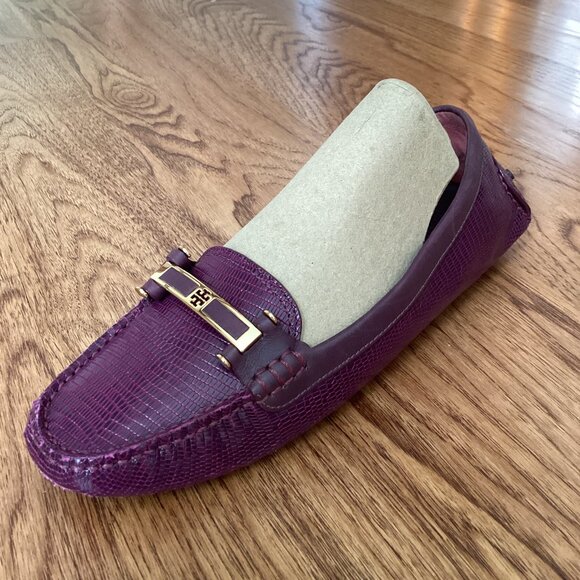 Tory Burch Croc Embossed Leather Driving Moccasins Loafer Shoes Purple SIZE 11 - Picture 1 of 7